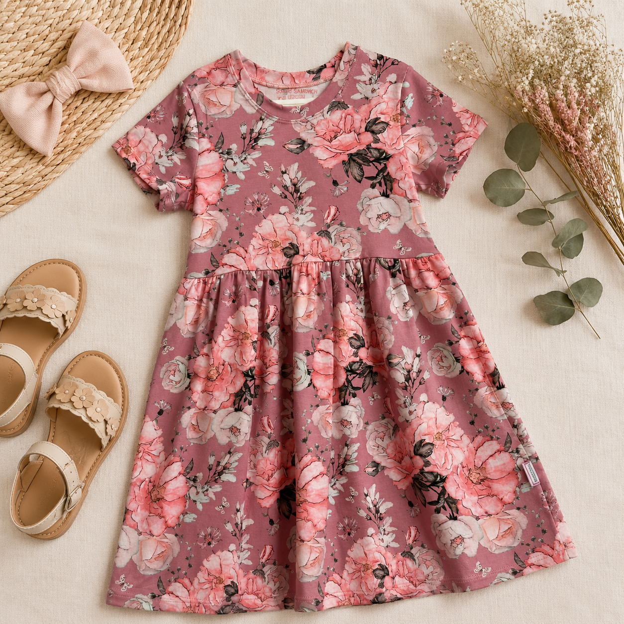Pink Roses Short Sleeve Play Date Dress Stretch Knit
