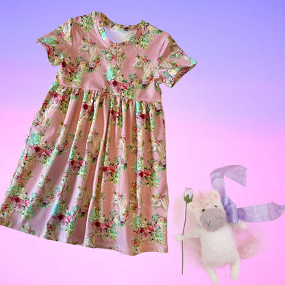 Pink Unicorn Short Sleeve Play Gathered Dress Stretch Knit