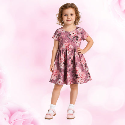 Pink Roses Short Sleeve Play Date Dress Stretch Knit