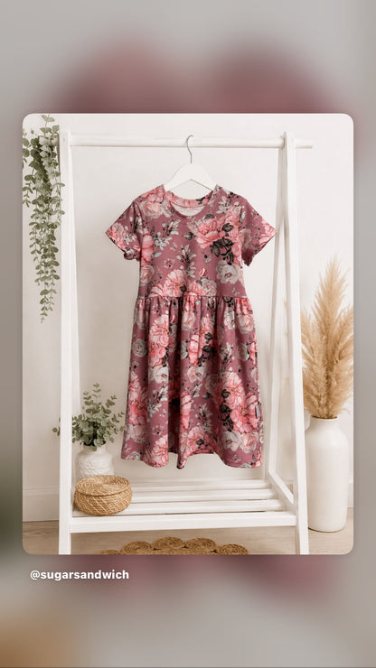 Pink Roses Short Sleeve Play Date Dress Stretch Knit