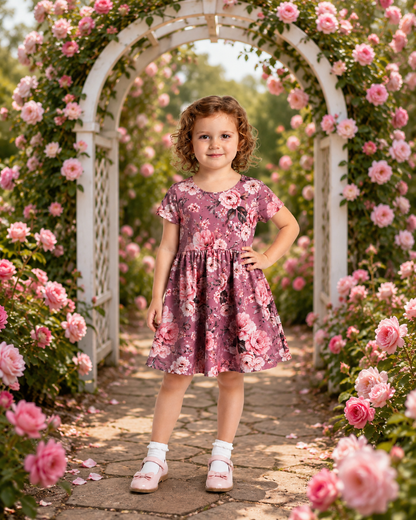 Pink Roses Short Sleeve Play Date Dress Stretch Knit