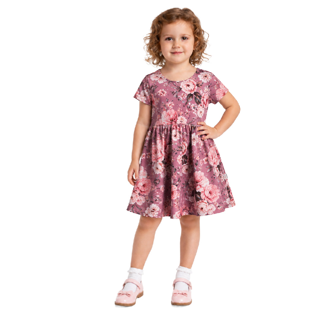 Pink Roses Short Sleeve Play Date Dress Stretch Knit