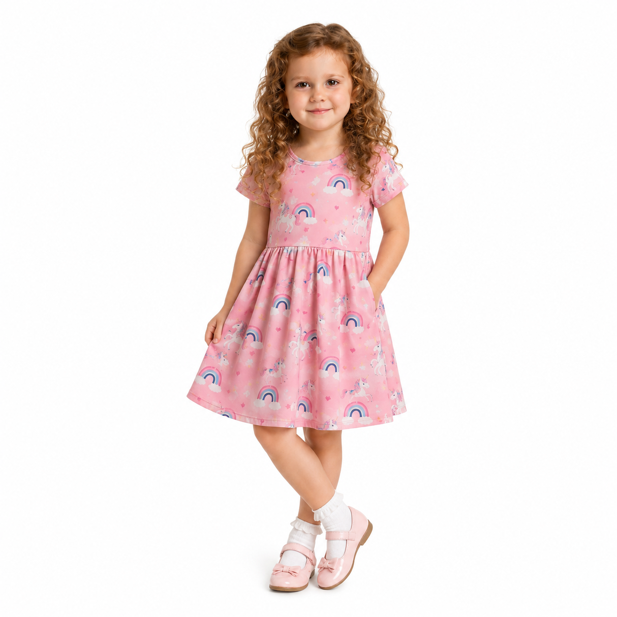 Pink Unicorn Short Sleeve Play Date Dress Stretch Knit