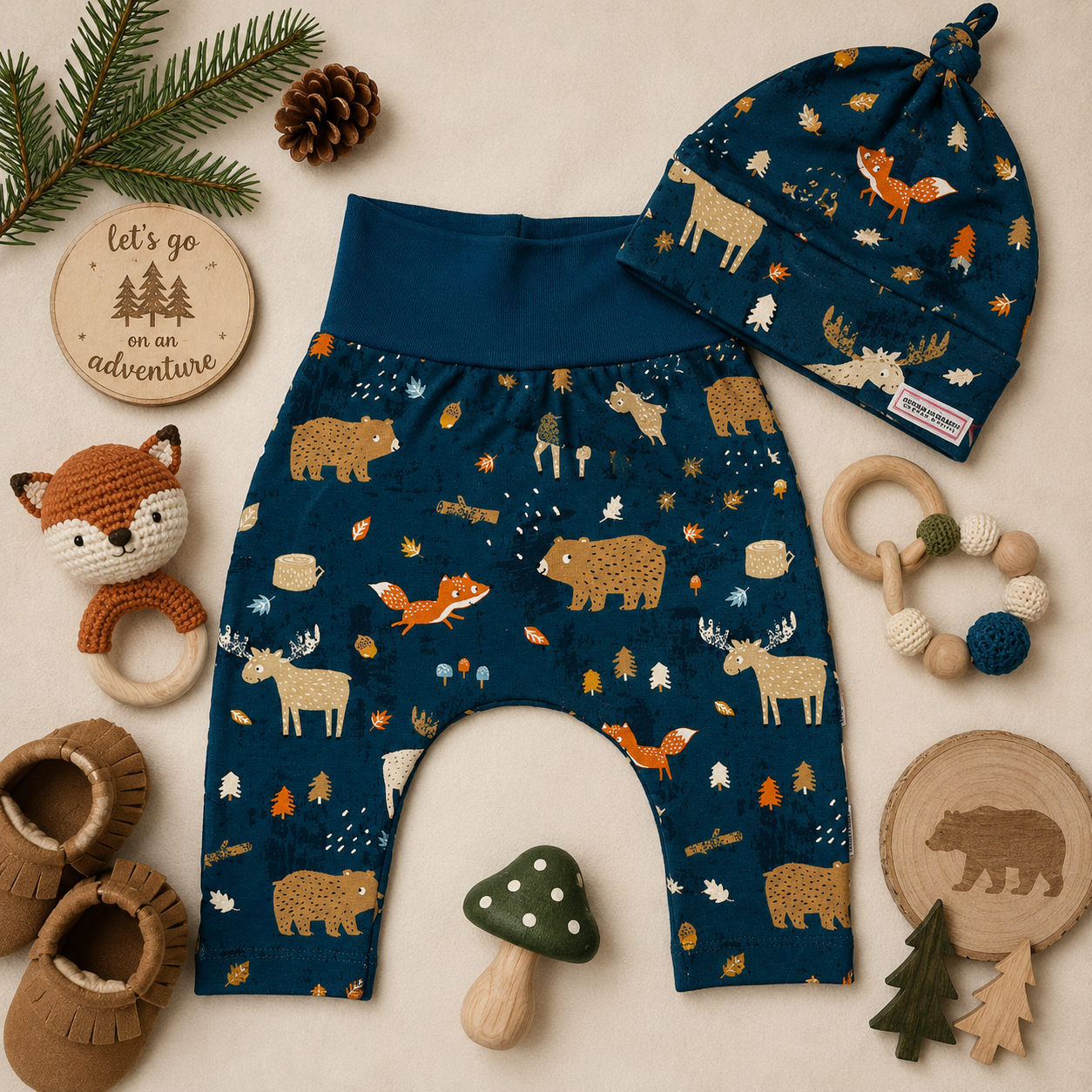Jade Forest Woodlands Print Harem Grow Along® Pantalon et chapeau à nœud supérieur Coton biologique