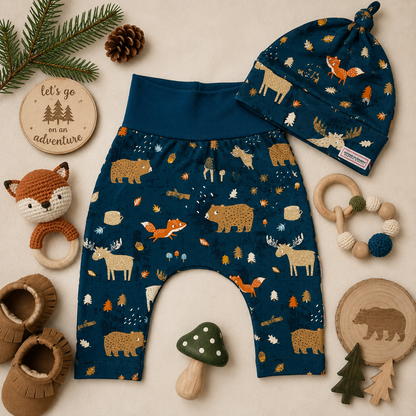 Jade Forest Woodlands Print Harem Grow Along® Pantalon et chapeau à nœud supérieur Coton biologique