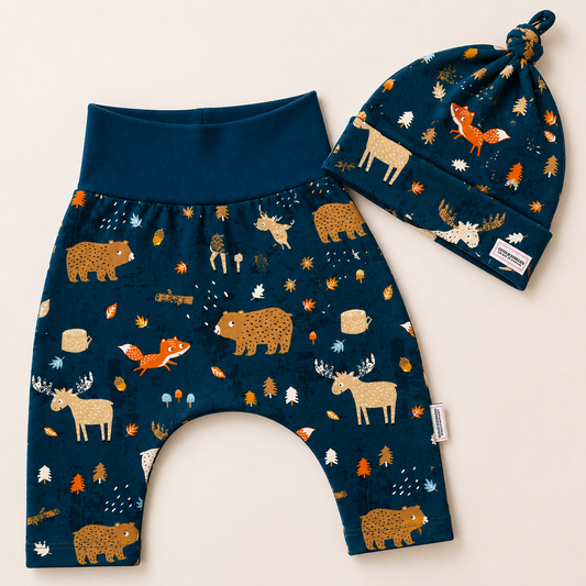Jade Forest Woodlands Print Harem Grow Along® Pants & Top Knot Hat Organic Cotton