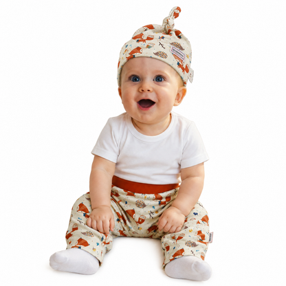 Cute Fox Organic Cotton Cuffless Harem Pants with Matching Top Knot Hat