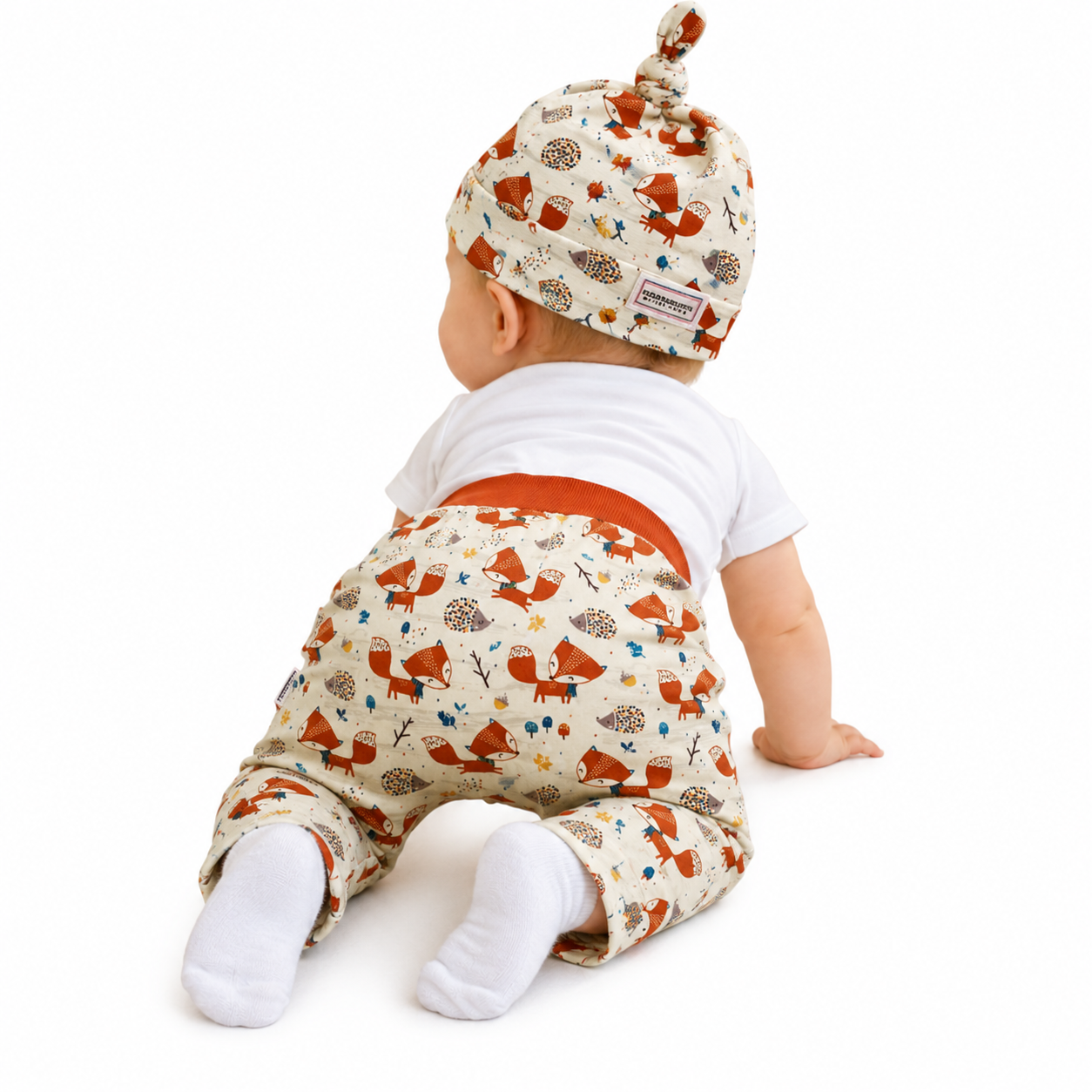 Cute Fox Organic Cotton Cuffless Harem Pants with Matching Top Knot Hat