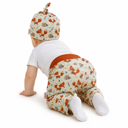 Cute Fox Organic Cotton Cuffless Harem Pants with Matching Top Knot Hat