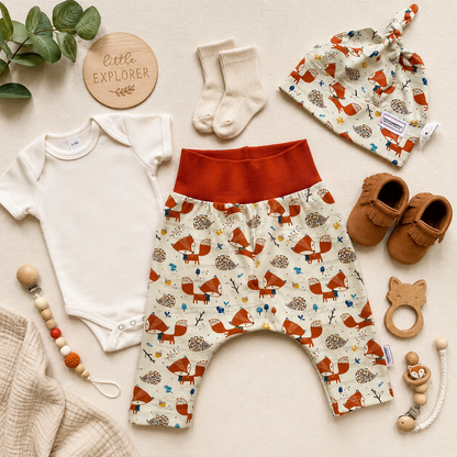Cute Fox Organic Cotton Cuffless Harem Pants with Matching Top Knot Hat