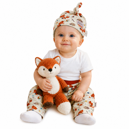 Cute Fox Organic Cotton Cuffless Harem Pants with Matching Top Knot Hat