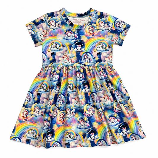 Blue Unicorn Short Sleeve Play Date Dress Stretch Knit m