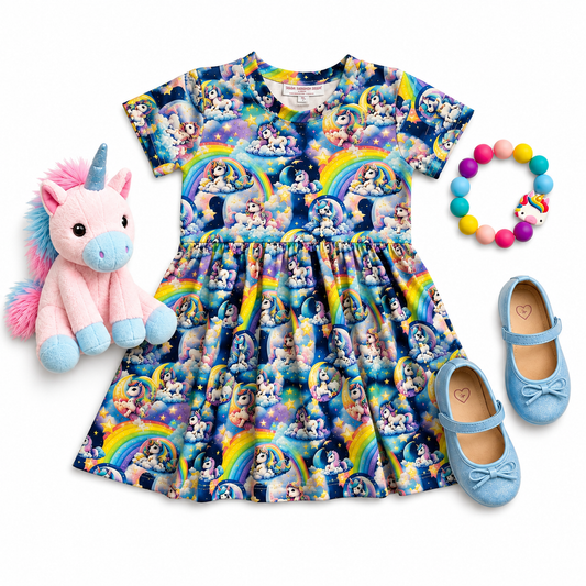 Blue Unicorn Short Sleeve Play Date Dress Stretch Knit m