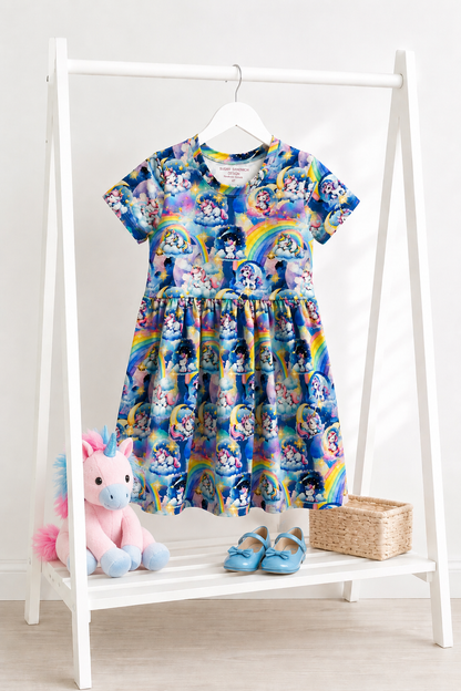 Blue Unicorn Short Sleeve Play Date Dress Stretch Knit m