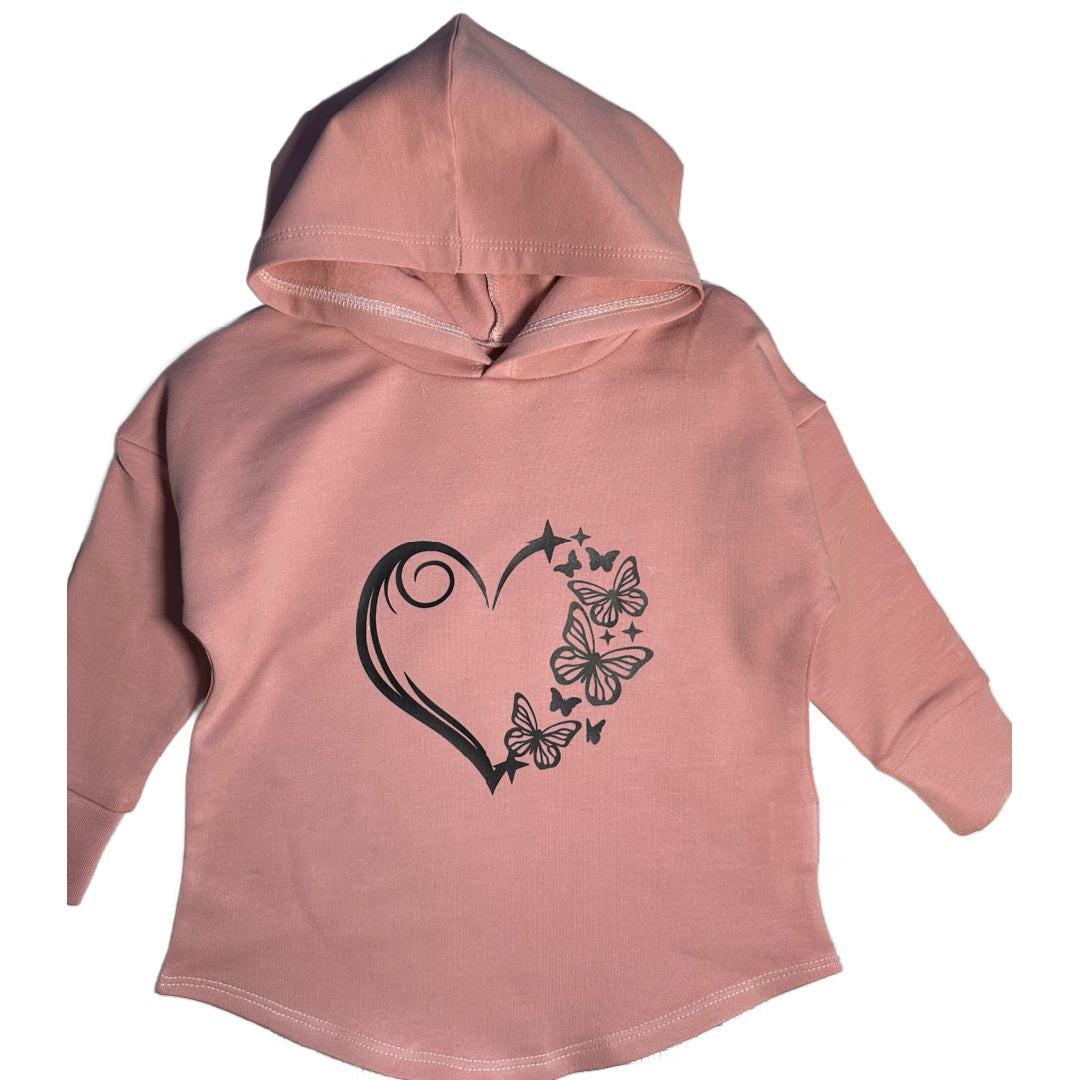 Butterfly Heart Graphic Design on Rose Pink Hooded T-shirt