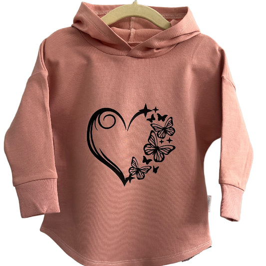 Butterfly Heart Graphic Design on Rose Pink Hooded T-shirt