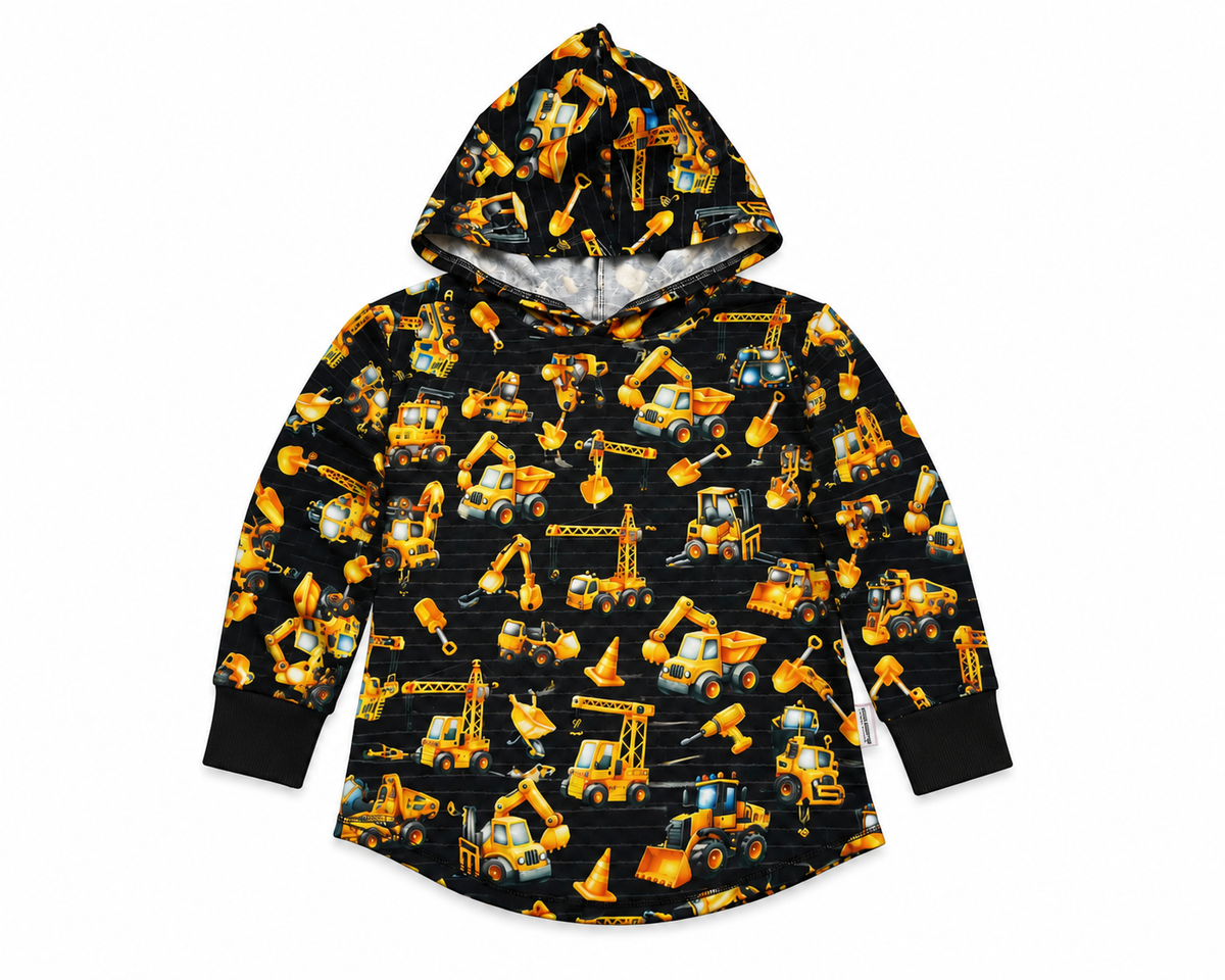 Black and Gold Construction Vehicles Print Hooded T-shirt