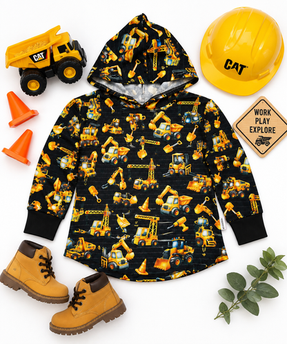 Black and Gold Construction Vehicles Print Hooded T-shirt
