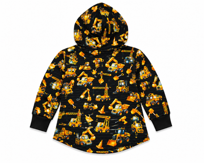 Black and Gold Construction Vehicles Print Hooded T-shirt