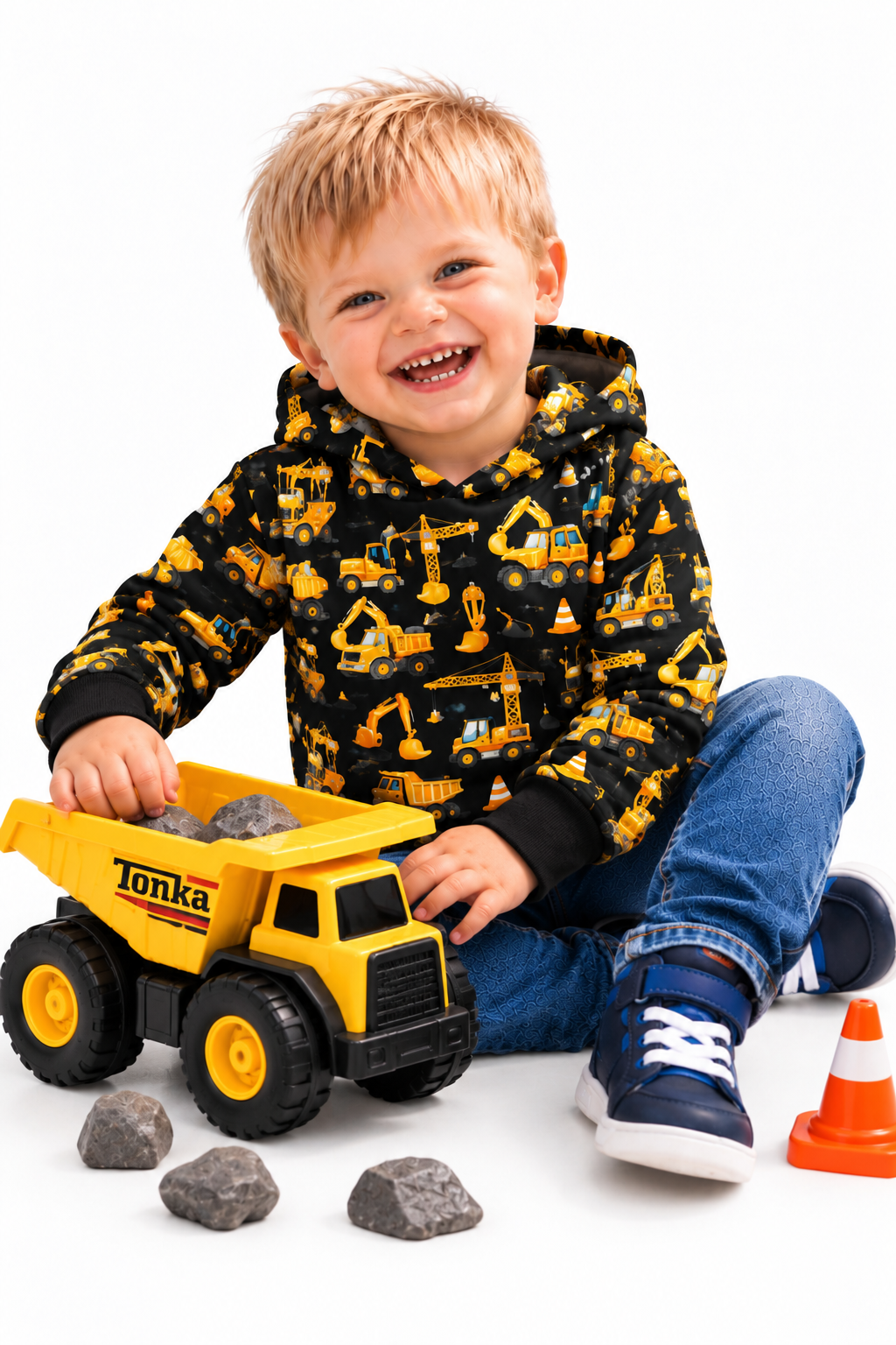 Black and Gold Construction Vehicles Print Hooded T-shirt