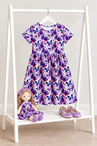 Purple Butterfly Short Sleeve Play Date Dress Stretch Knit