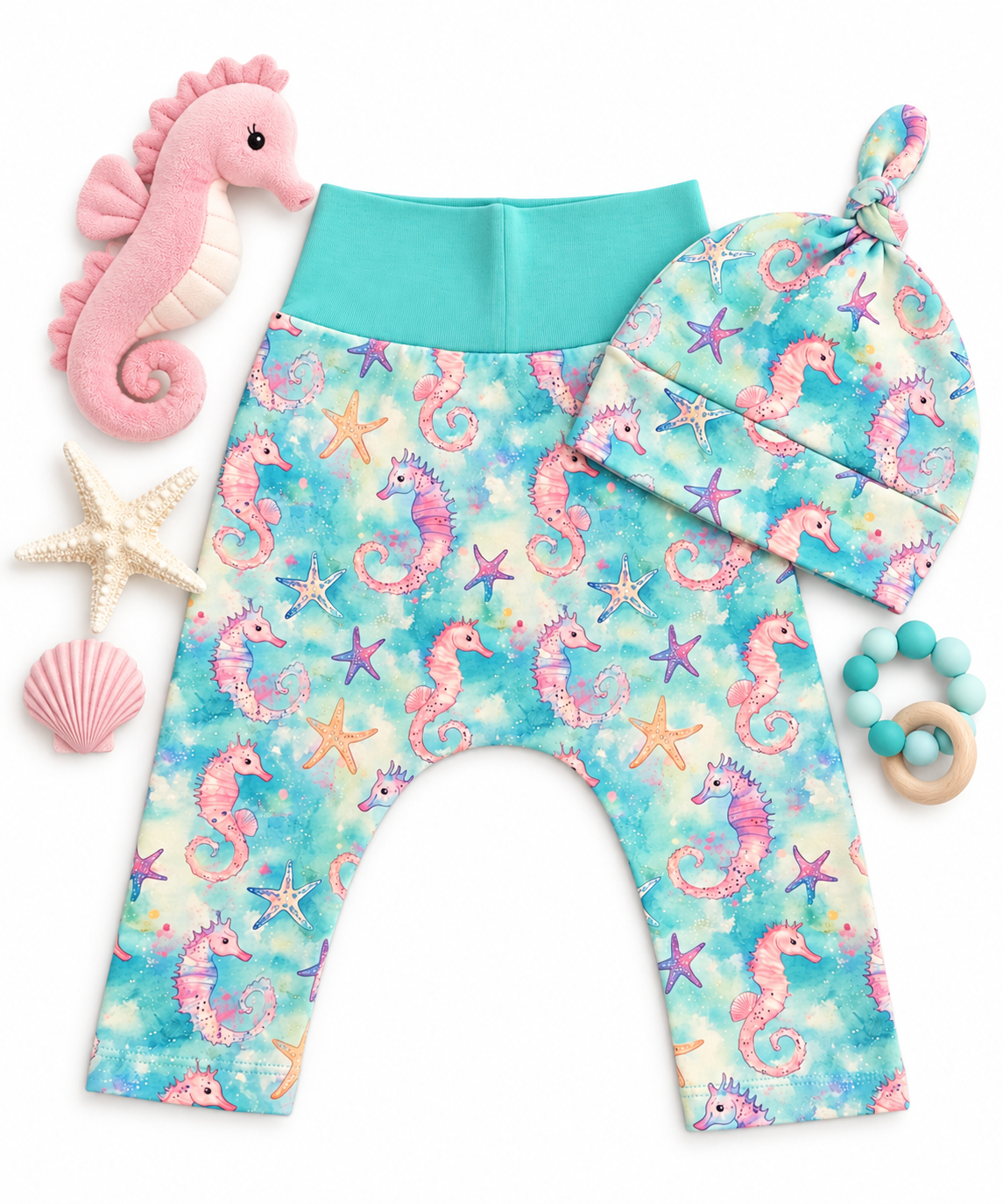 Seahorses and Starfish Baby Harem Pants & Hat Set