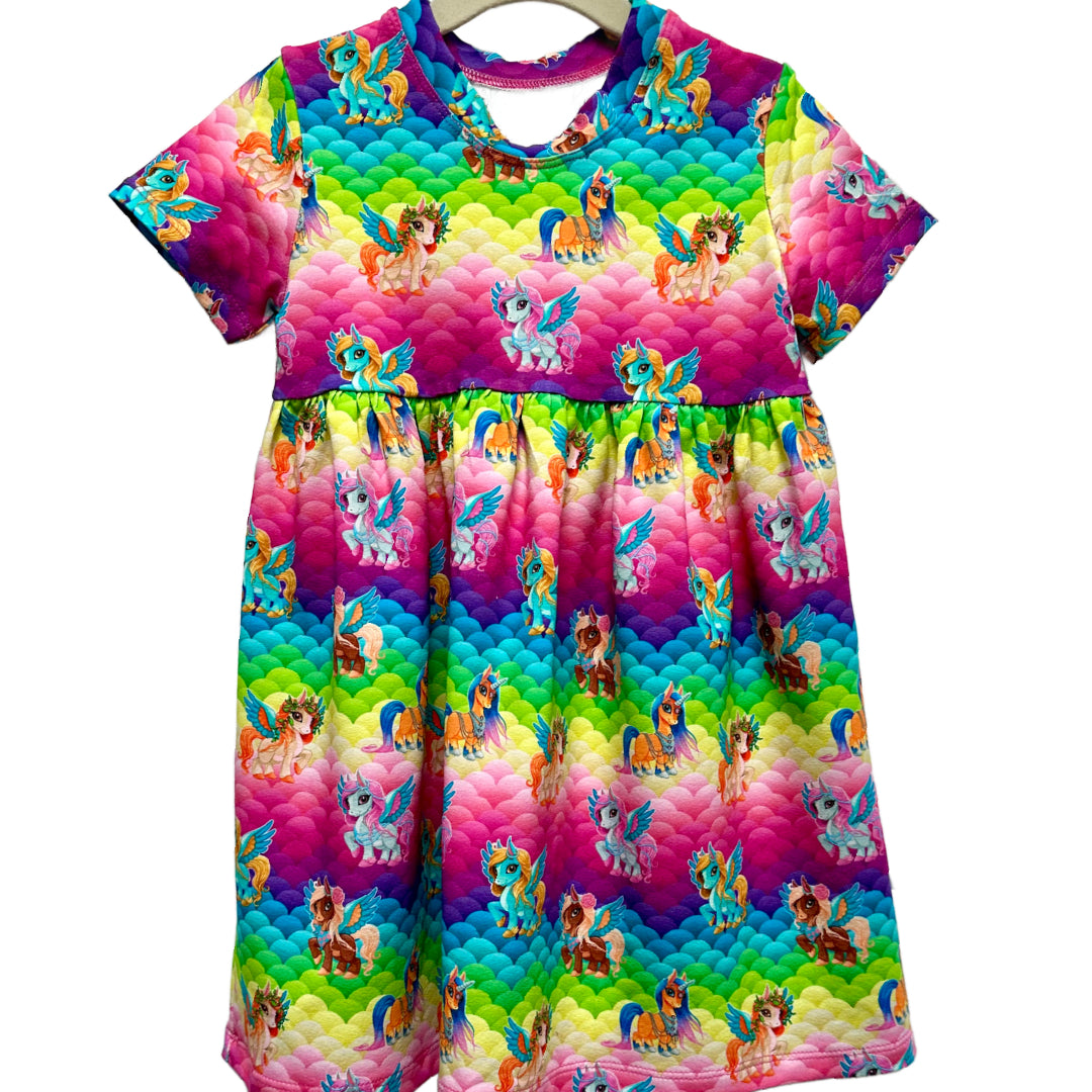 Unicorn Rainbow Print Gathered Short Sleeve Play Dress Stretch Knit