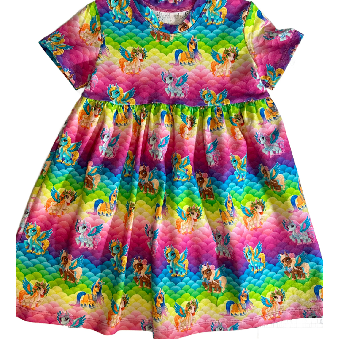Unicorn Rainbow Print Gathered Short Sleeve Play Dress Stretch Knit