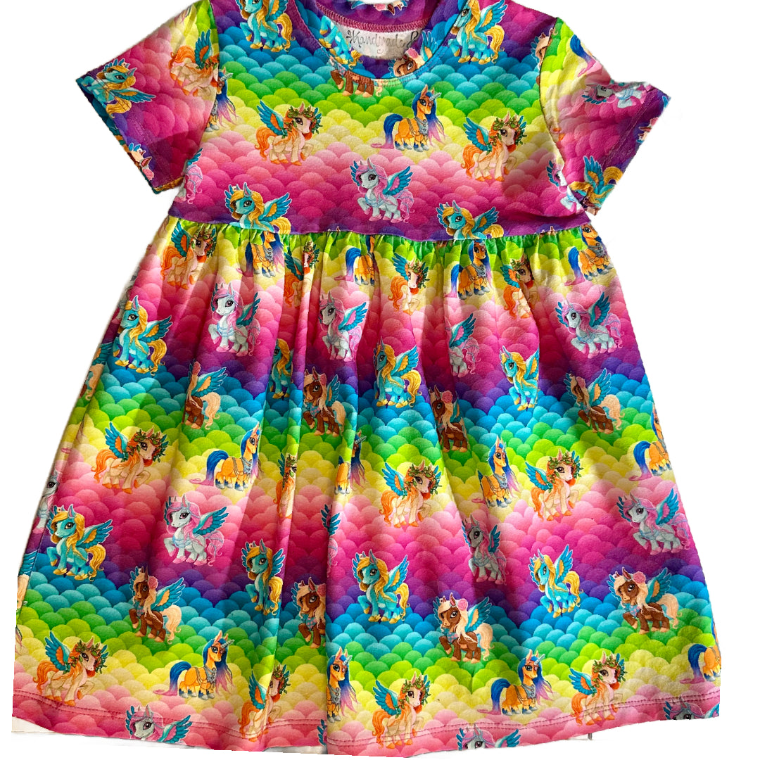 Unicorn Rainbow Print Gathered Short Sleeve Play Dress Stretch Knit