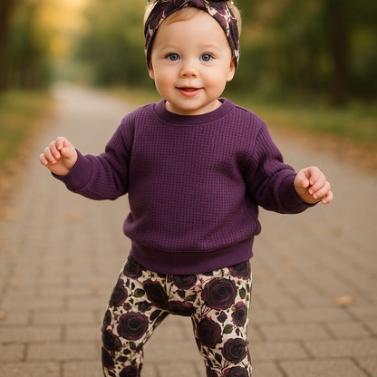 Dark Purple Floral Cuffless Harem Pants with Matching Top Knot Hat