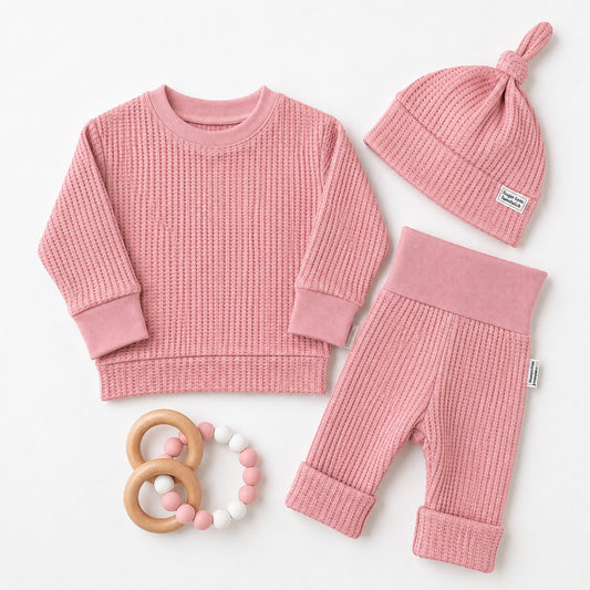 BABY BUNDLE Rose Pink Waffle Knit Lounge Shirt and Pants with Top Knot Hat