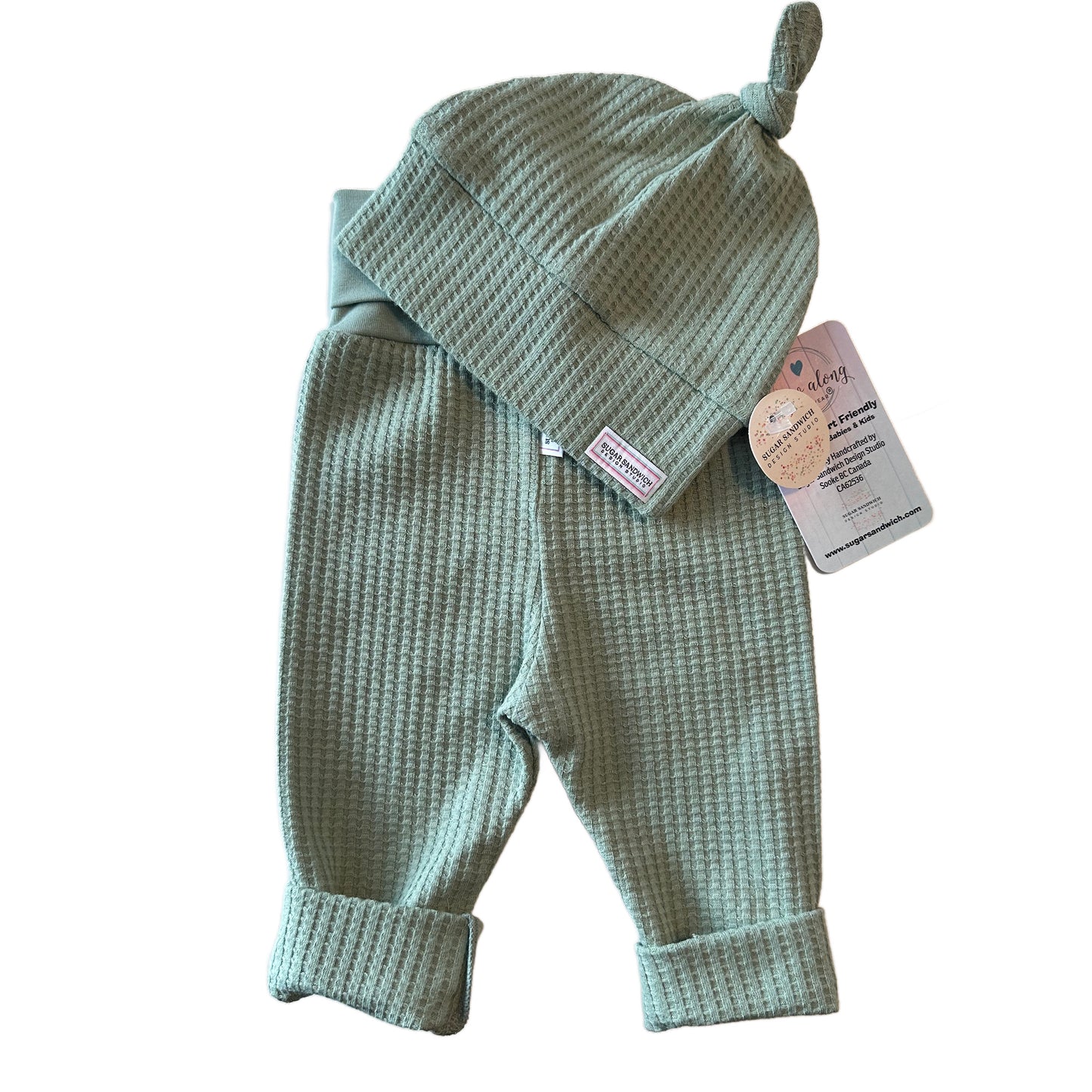 BABY BUNDLE Sage Green Waffle Knit Lounge Shirt and Pants with Top Knot Hat