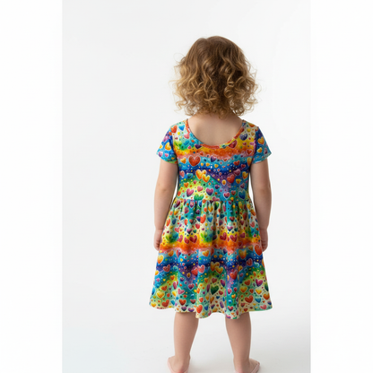 Rainbow Hearts Print Short Sleeve Play Date Dress Stretch Knit