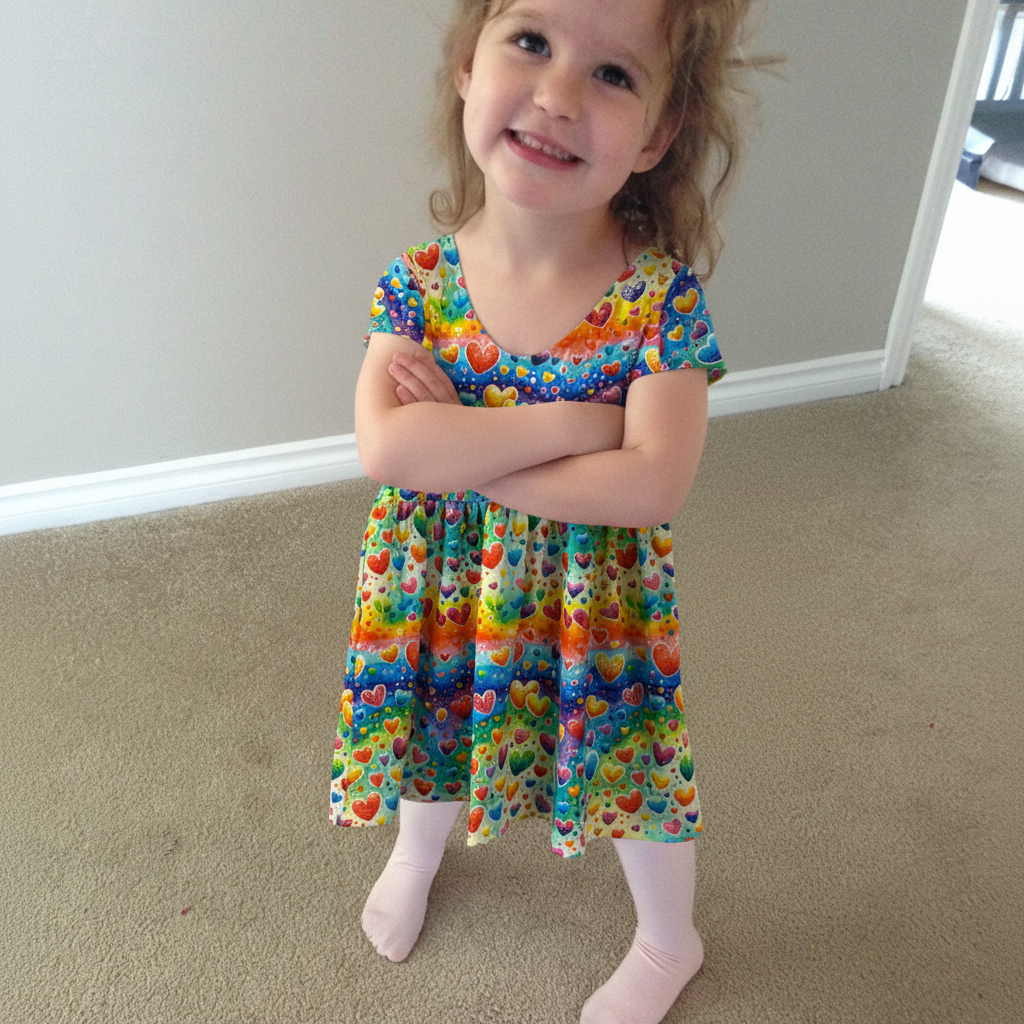 Rainbow Hearts Print Short Sleeve Play Date Dress Stretch Knit