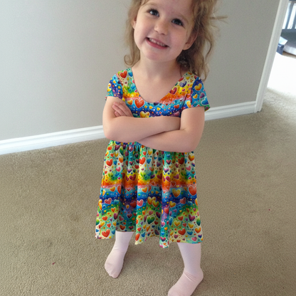 Rainbow Hearts Print Short Sleeve Play Date Dress Stretch Knit