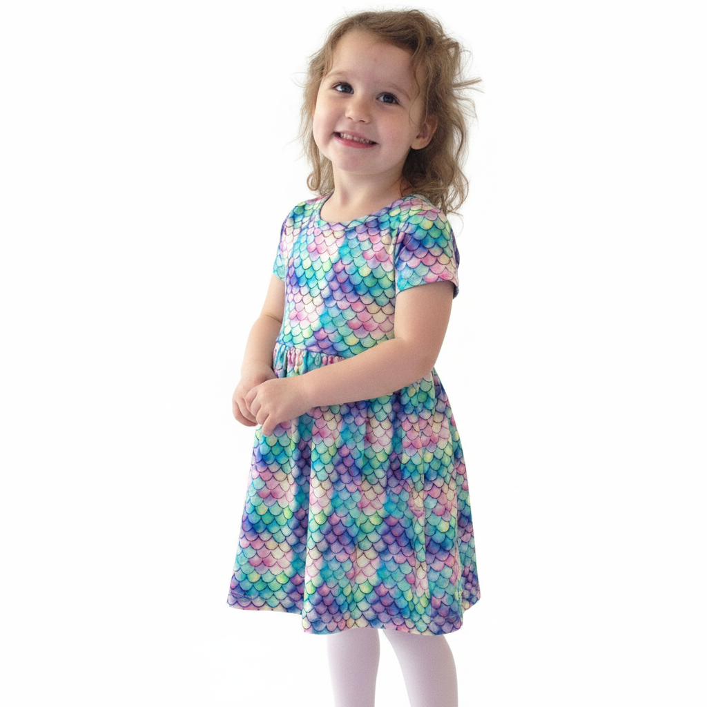 Mermaid Scales Jewel Tones Short Sleeve Play Date Dress Stretch Knit