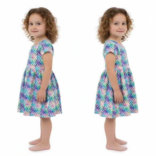 Mermaid Scales Jewel Tones Short Sleeve Play Date Dress Stretch Knit