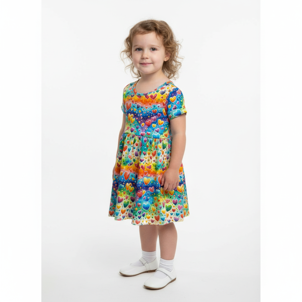 Rainbow Hearts Print Short Sleeve Play Date Dress Stretch Knit