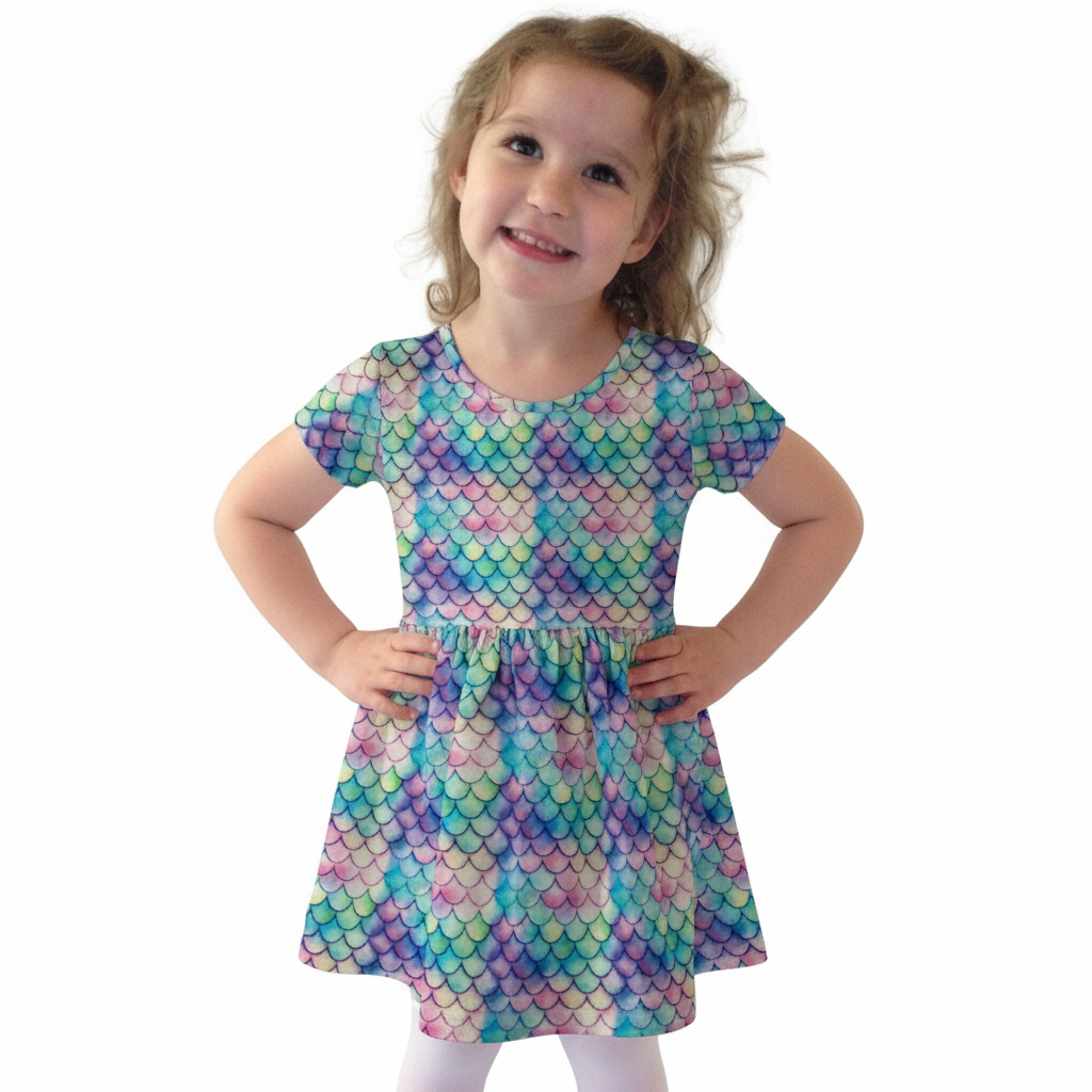 Mermaid Scales Jewel Tones Short Sleeve Play Date Dress Stretch Knit