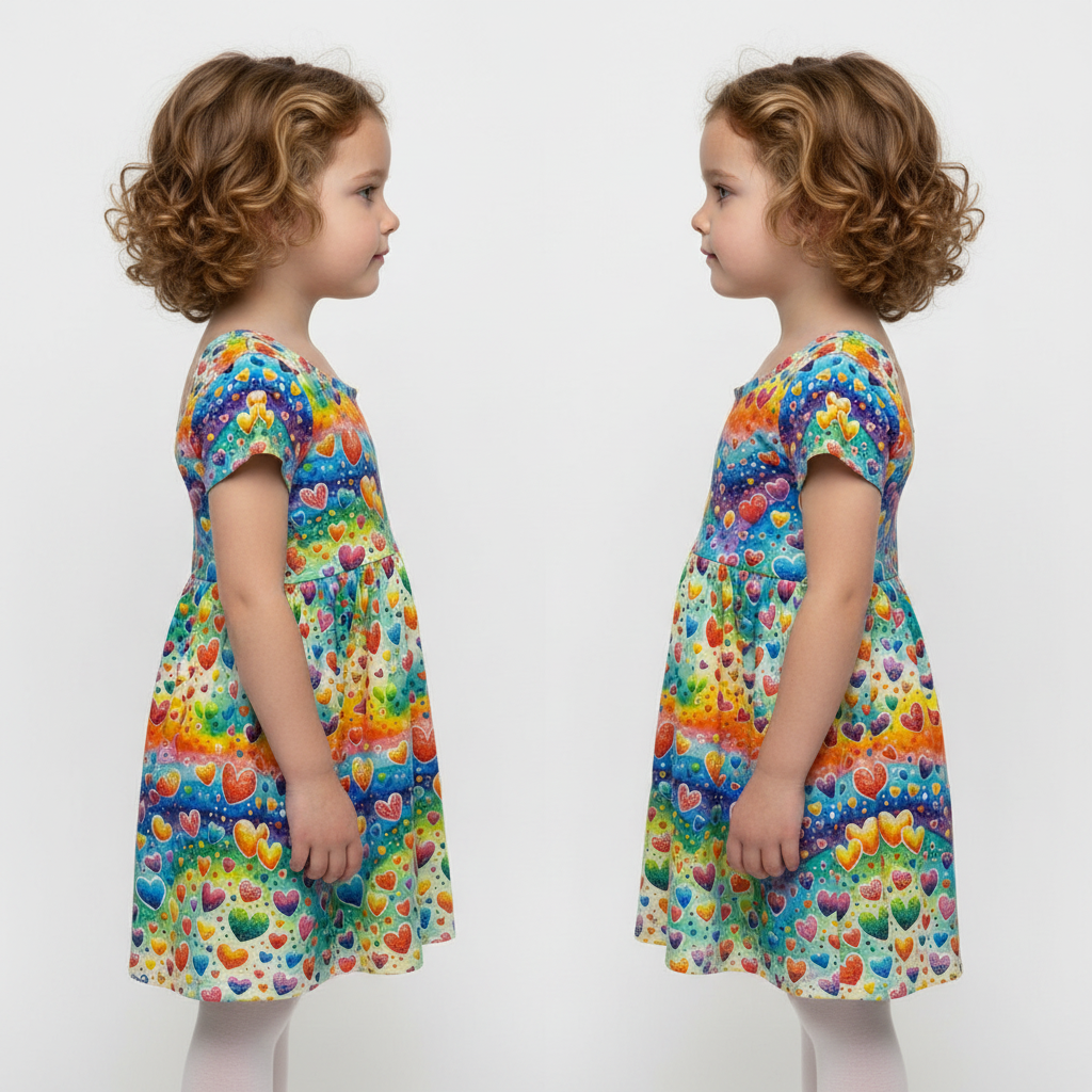 Rainbow Hearts Print Short Sleeve Play Date Dress Stretch Knit