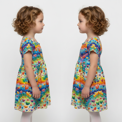Rainbow Hearts Print Short Sleeve Play Date Dress Stretch Knit