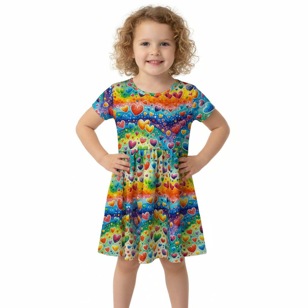 Rainbow Hearts Print Short Sleeve Play Date Dress Stretch Knit