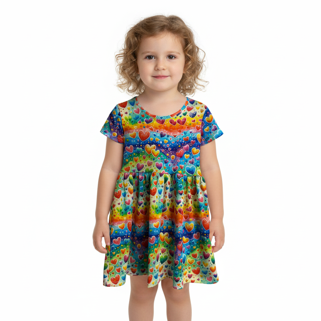 Rainbow Hearts Print Short Sleeve Play Date Dress Stretch Knit