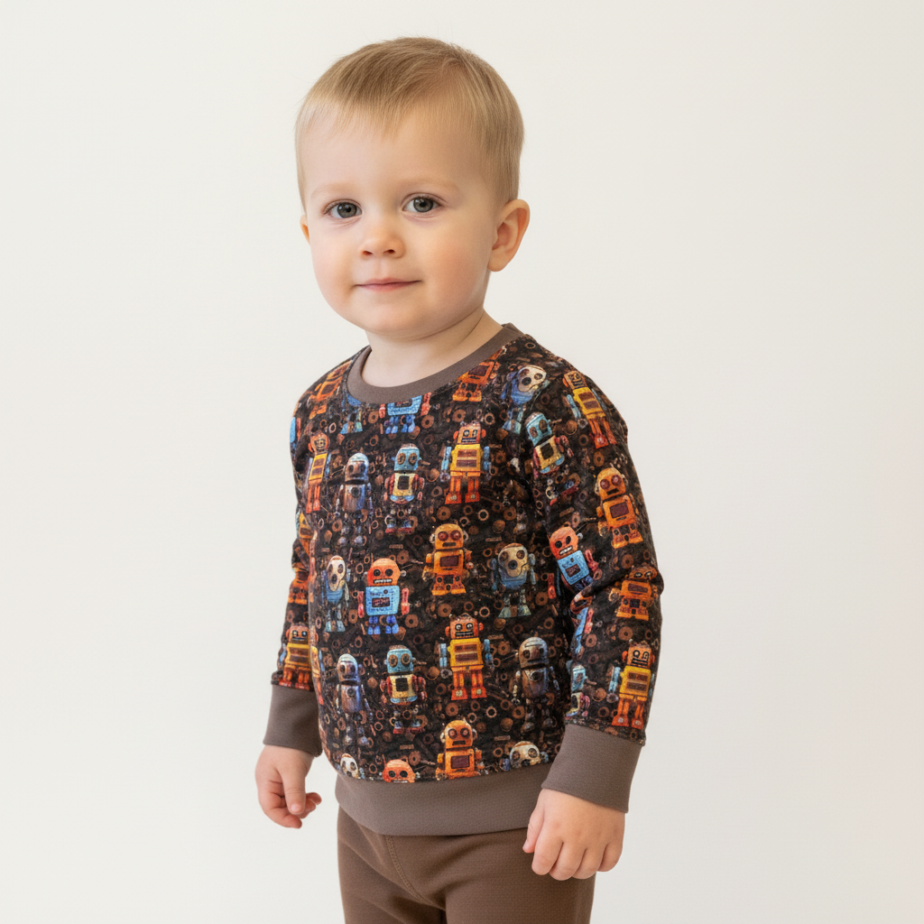 Brown ROBOT Print Crew Neck Dolman Lounge Shirt
