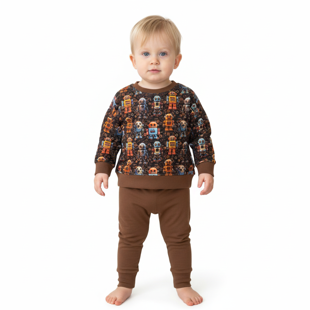 Brown ROBOT Print Crew Neck Dolman Lounge Shirt