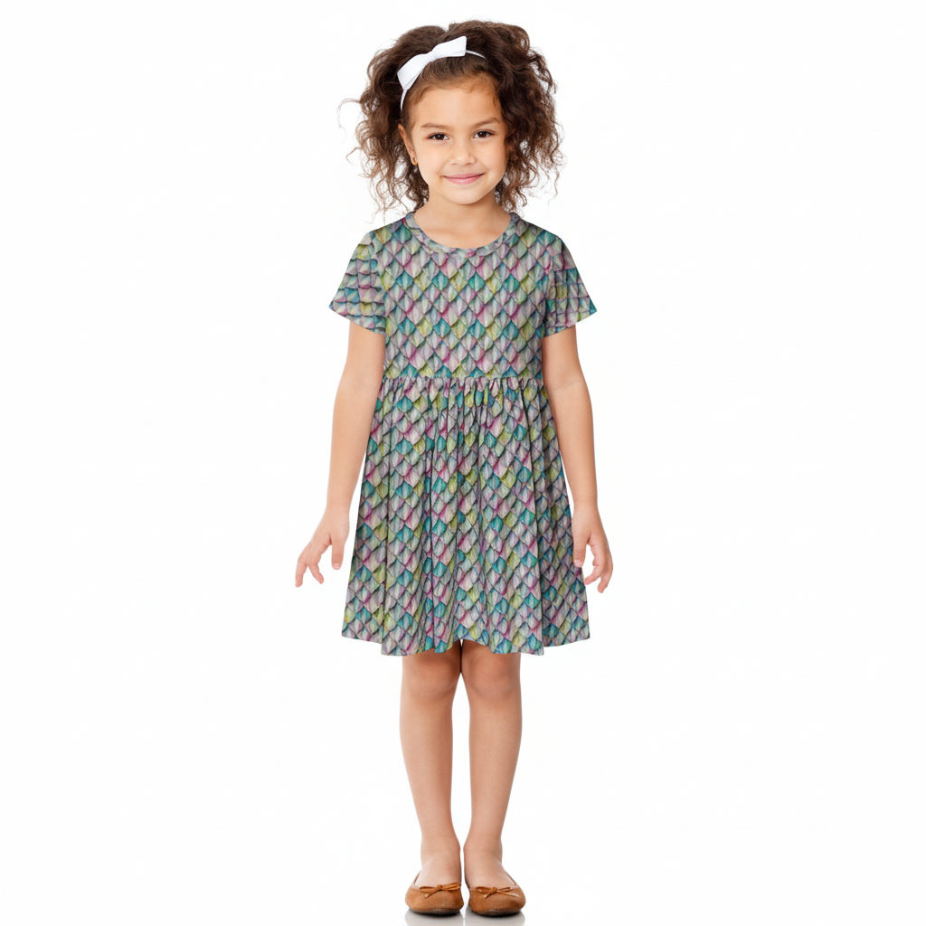 Mermaid Scales Pastel Rainbow Print Gathered Short Sleeve Play Dress Stretch Knit