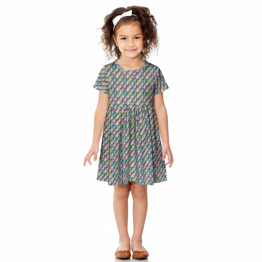 Mermaid Scales Pastel Rainbow Print Gathered Short Sleeve Play Dress Stretch Knit