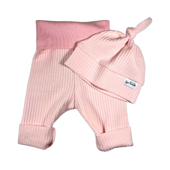 Pale Pink Waffle Knit Grow Along Lounge Pants with Topknot Hat