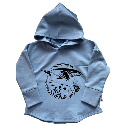 Blue Whale Graphic Design on Blue Hooded T-shirt