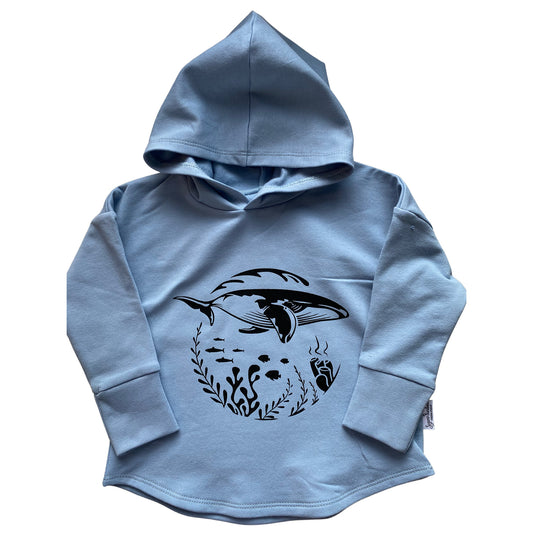 CLEARANCE Blue Whale Graphic Design on Blue Hooded T-shirt